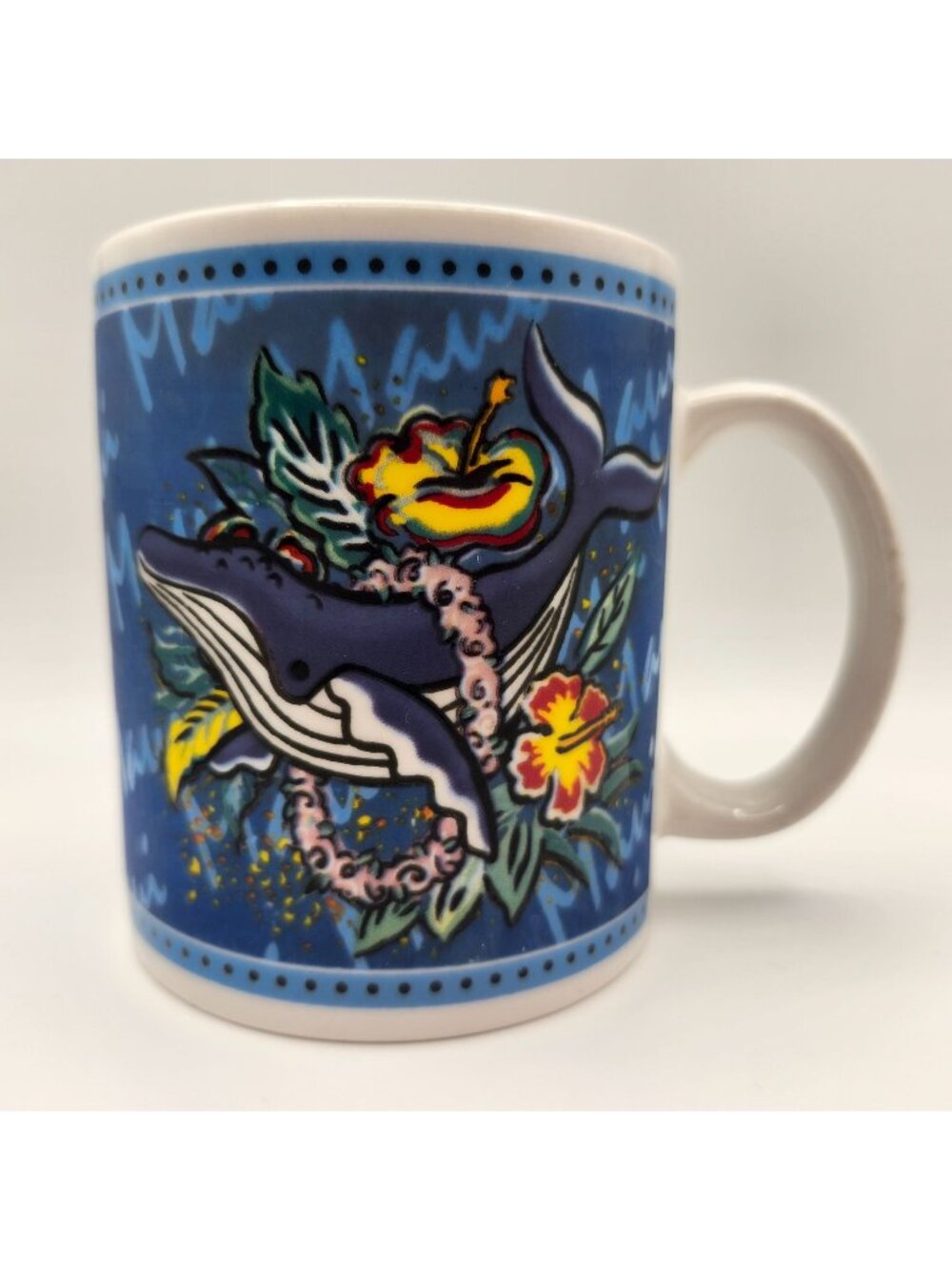 Hilo Hattie Maui Blue Whale Hibiscus Flower Ceramic Mug 12oz